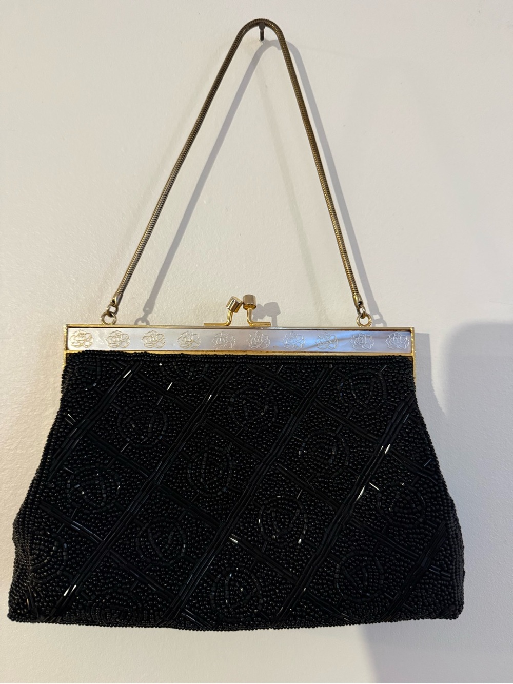 Vintage Black Beaded Evening Bag Gold-Tone Frame & Chain